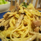 めんつゆで簡単にパスタ☆チキンときのこの和風パスタ